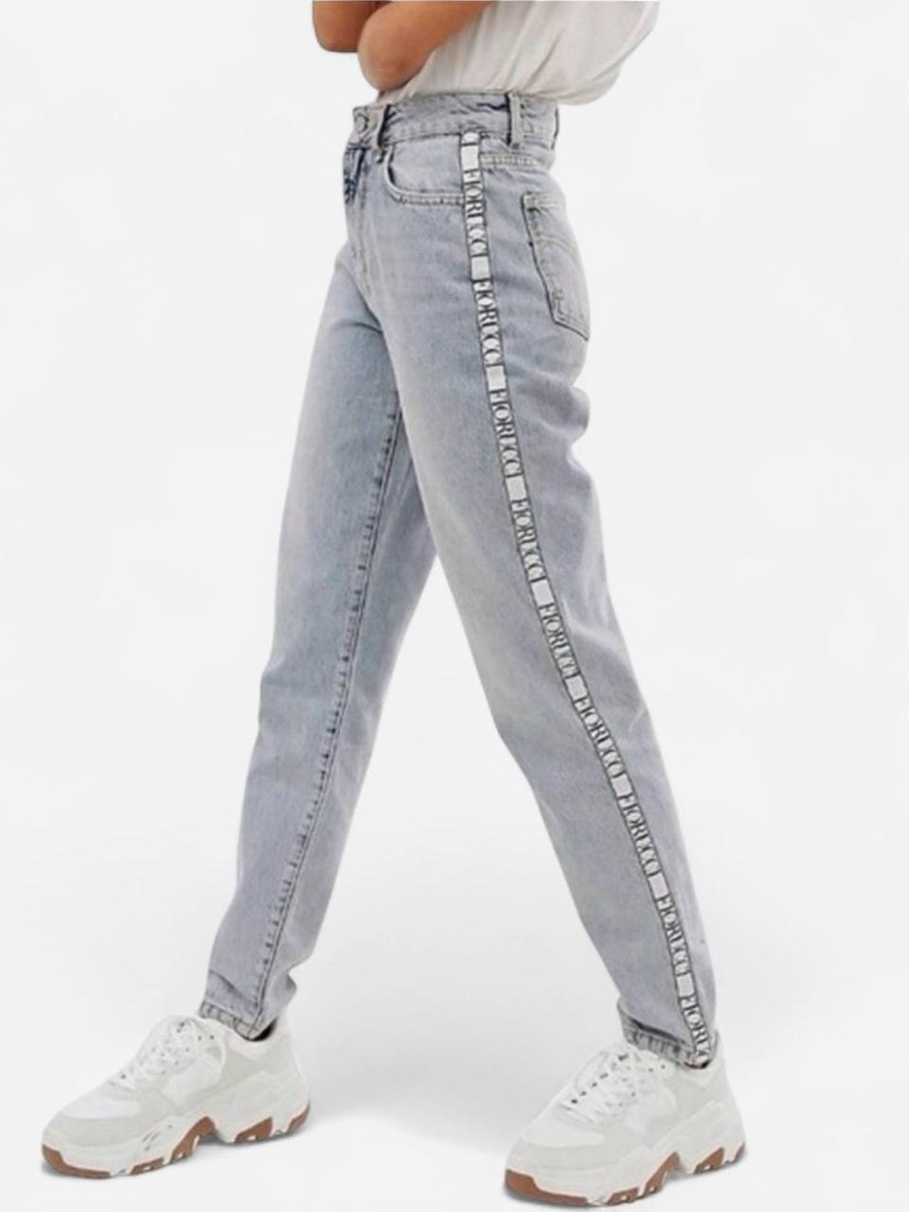 Fiorucci Light Wash High Rise Logo Side Stripe Tape Straight Leg Jeans 28